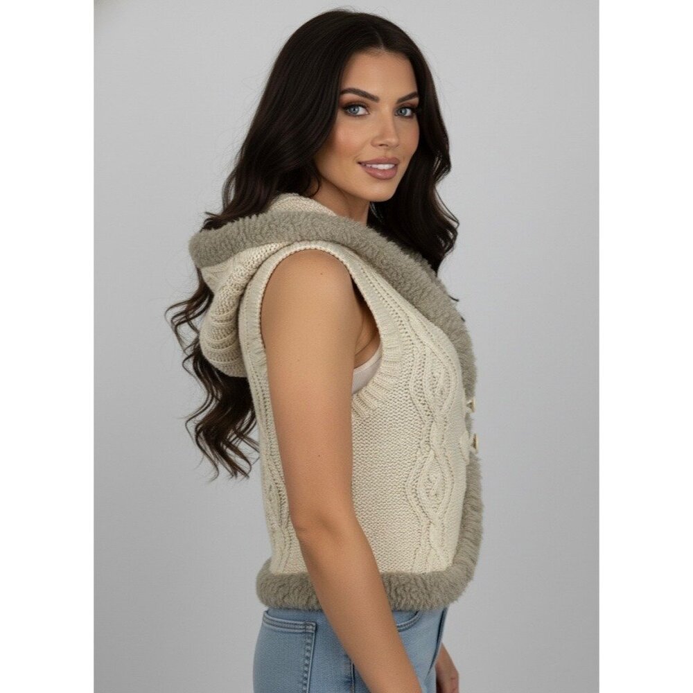 Vtg Y2K Old Navy Cream Cable Knit Faux Shearling Trim Hooded Boho Sweater Vest L - Picture 11 of 16